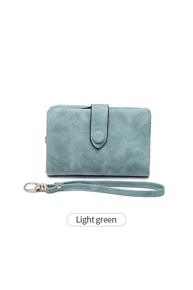 محفظة نسائية قصيرة R855-Lightgreen بتصميم كوري للطالبات، صغيرة وعصرية ولطيفة، ثلاثية الطي ومتعددة الاستخدامات