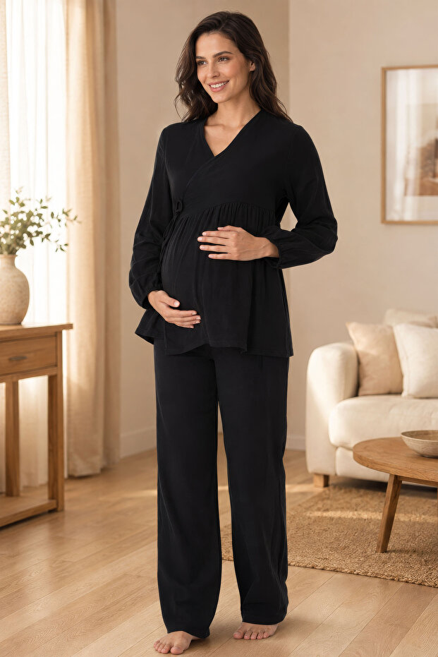 Long Sleeve Muslin Fabric Maternity and Postpartum Pajama Set with Breastfeeding Feature Effortt - Black