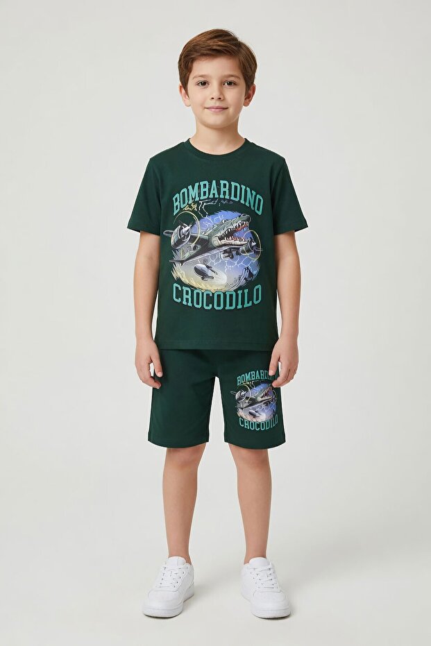 Green Airplane Printed Text T-Shirt and Boy's Shorts 2-Piece Set 23921