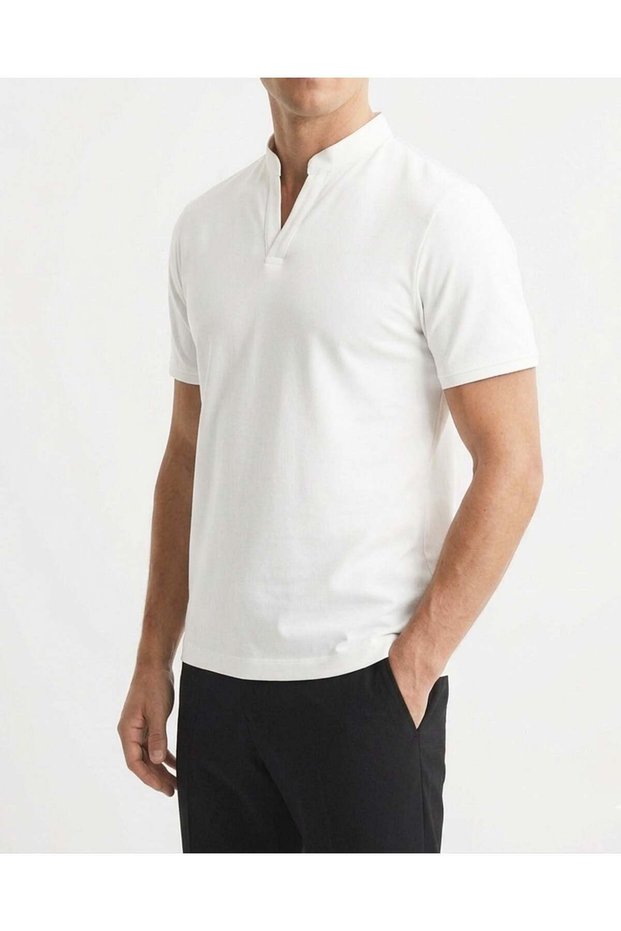 Italian Style Slim Fit Men's Polo V-Neck Short-Sleeved Knitwear T-Shirt White T20045-07