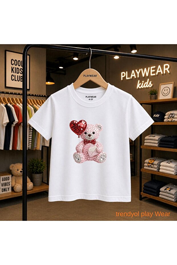 Glass Stone Bear Printed 100% Children's Unisex T-Shirt 5 6 -7 8-9 10 -11 12 Years Old