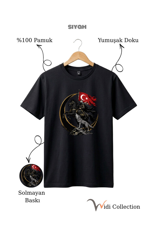 100% Cotton Regular Fit Unisex T-Shirt with Turkish Flag, Horse Warrior, Bozkurt and Wolf Figures