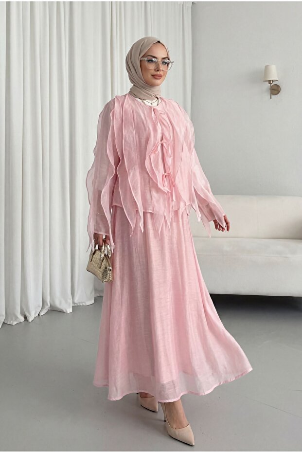 Tie-Front Ruffled Lined Asymmetrical Cut Cupra Set - Powder Pink
