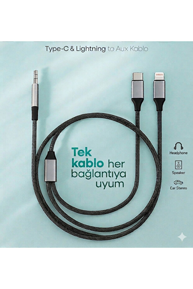 Type C iPhone Lightning Android to 3.5mm Aux Fabric Braided Audio Cable 2in1 Stereo Supported with Dac Chip