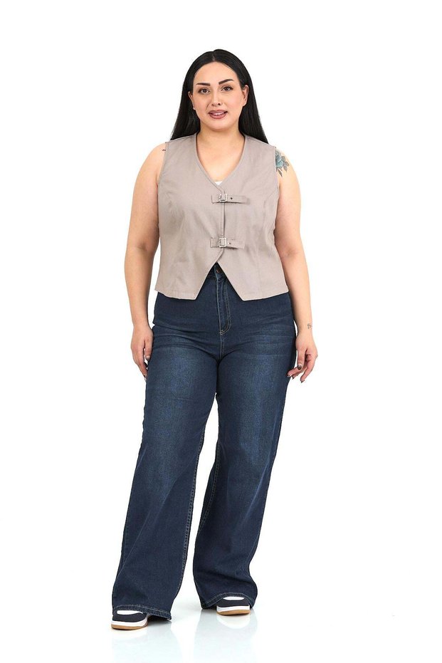 Plus Size Buckled Cotton Gabardine Stone Color Vest