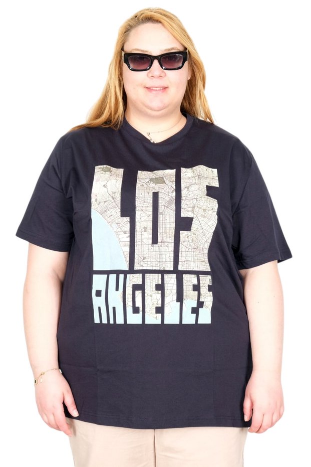 Mode XL Real Big Size Women's T-Shirt Bis Collar Los Angeles U26117 Navy Blue
