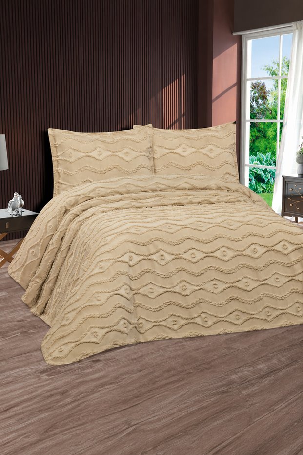 Masal Modern Chenille Jacquard Dowry Set Double King Size Pique Coverlet Set / Bedspread Set 3 Pieces