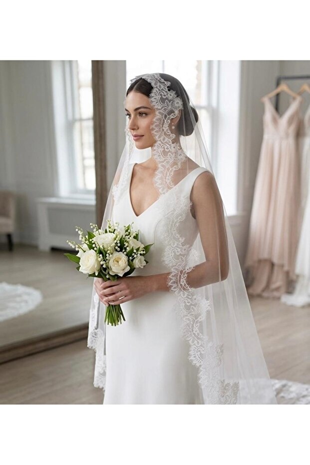 Bridal Nun's Veil French Lace 2.50 Meter with Comb (Lace Is Not Adhered by Glue, It Is Sewn)