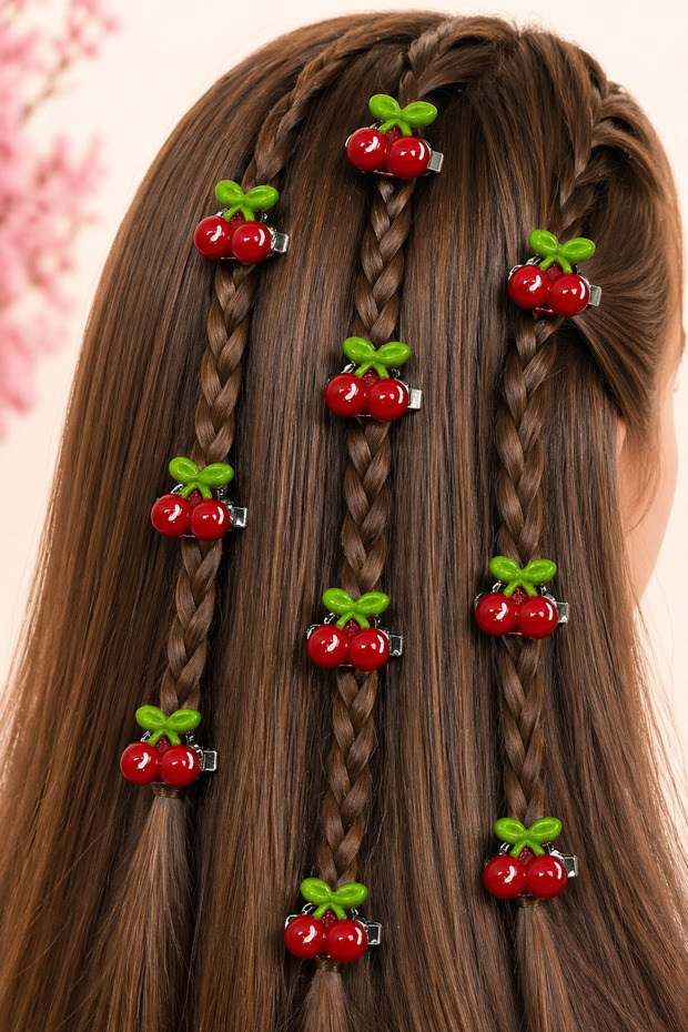 8-Piece Cherry Ladybug Rose Flower Clip Hairpin Set – Stylish Mesh Hair Accessory with Leaf Detail, for Girls & Teenagers