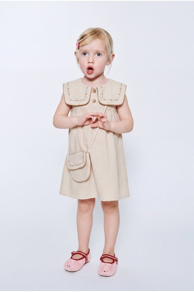Girl's Cotton Beige Dress with Embroidery Detail and Bag