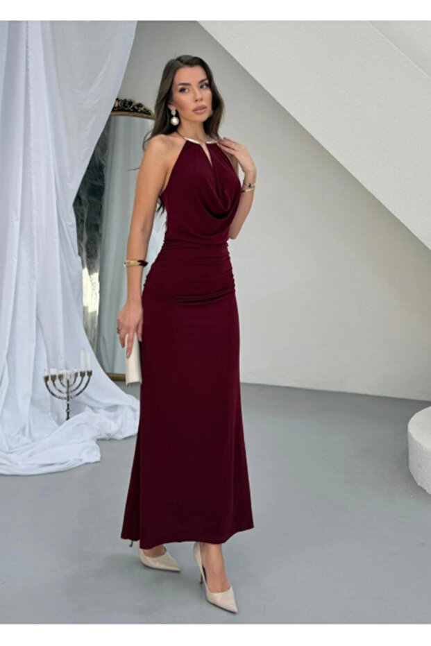 Midi Length Dress with Degaje Collar Accessory Detail