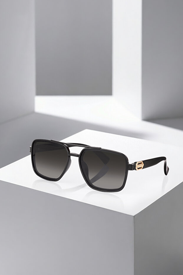 Uv400 Protection Square Frame Men's Sunglasses Black Color with Gold Detail Plg-2134C1