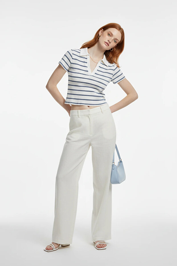 Women's Striped Polo Collar V-Neck Ribbed Short Sleeve T-Shirt