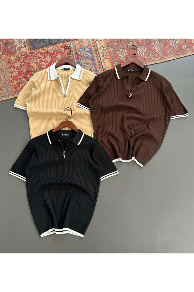 3-Piece Zippered Polo Collar Knitwear T-Shirt Regular Fit