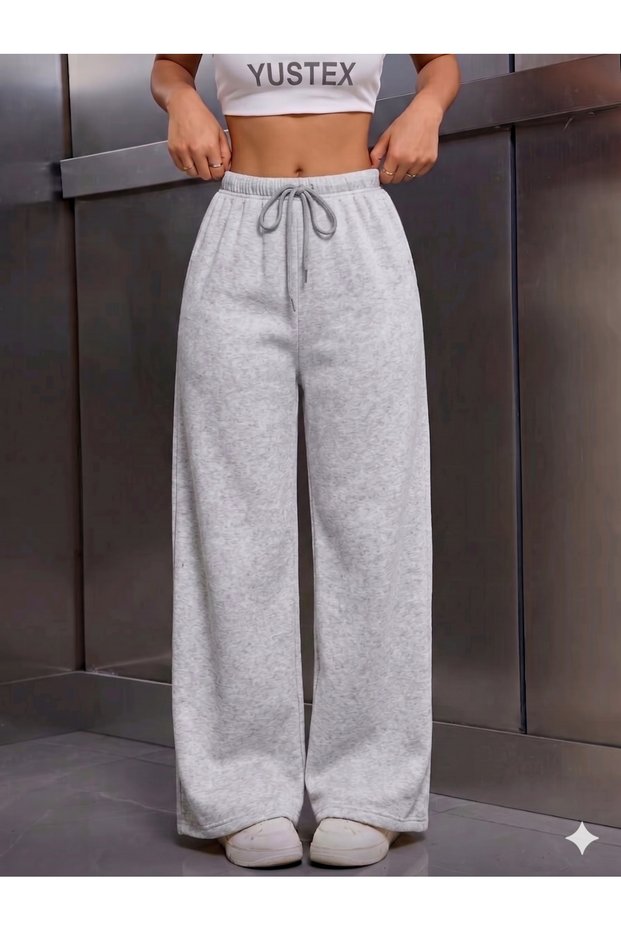 Women's Gray Wide-Leg Sweatpants - High-Waisted Relaxed Fit Two-Thread Seasonal Sweatpants