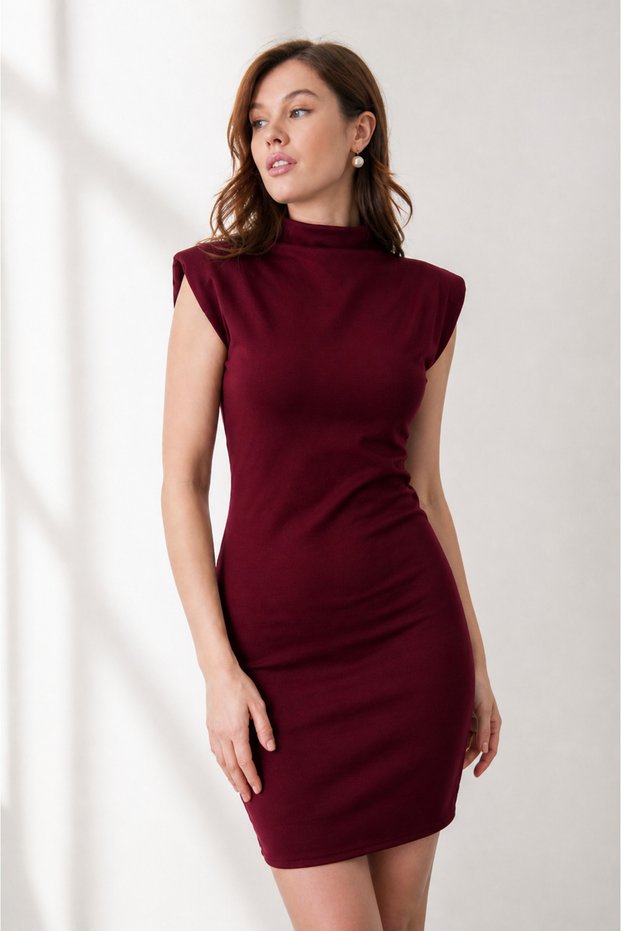 Women's Stylish Burgundy Mini Dress with Stand Collar and Padding Design 77159