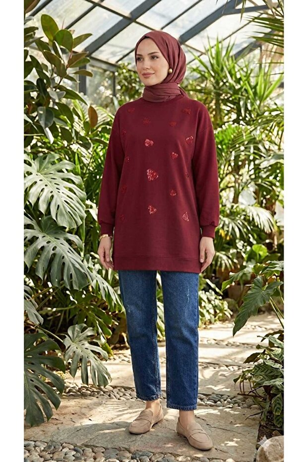 Sequin Embroidered Heart Patterned Women's Hijab Tunic-Sweatshirt