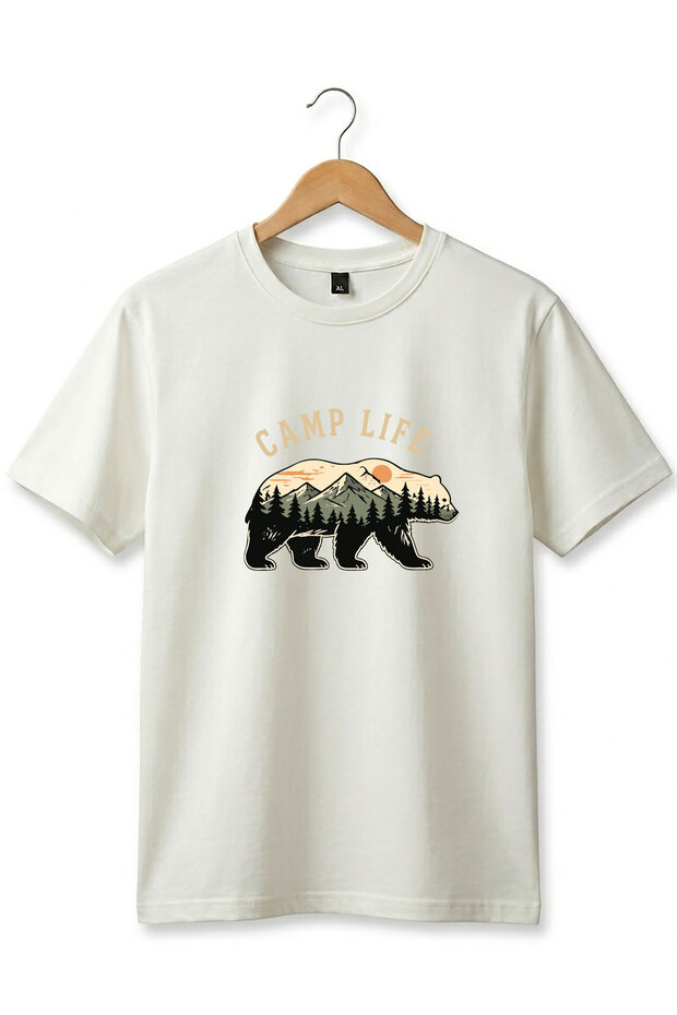 Unisex Camp Life Premium Basic T-Shirt for Nature Enthusiasts with Bear Figure and Mountain View