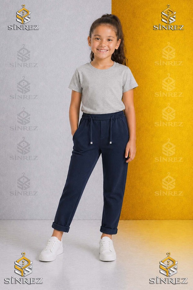 Girls' Plain Trousers 3.Mdl Elastic Waist Lycra Folded Leg Style