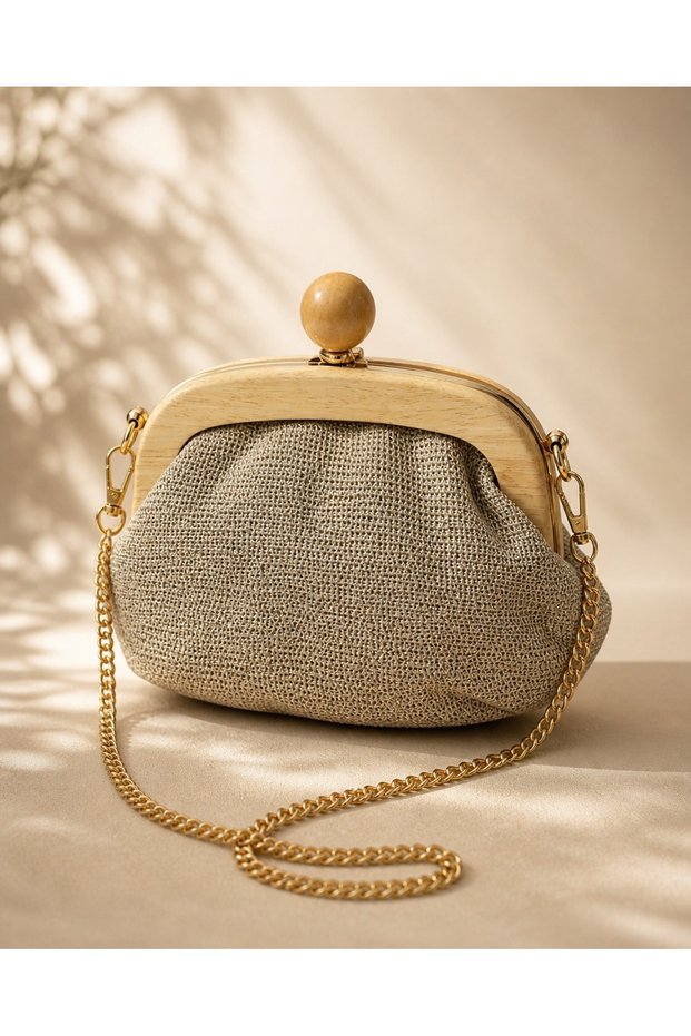 Sermin Special Design Handmade Natural Wooden Handle Evening Dress Gold Stylish Bag