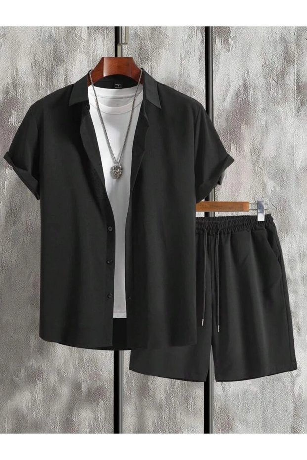 Alaçatı Style Men's Short Sleeve Shirt and Shorts Wrap Crinkle Suit