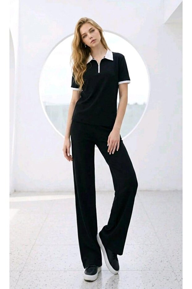 Women's Trend Model Oysho Fabric Bottom Top Polo Neck Set