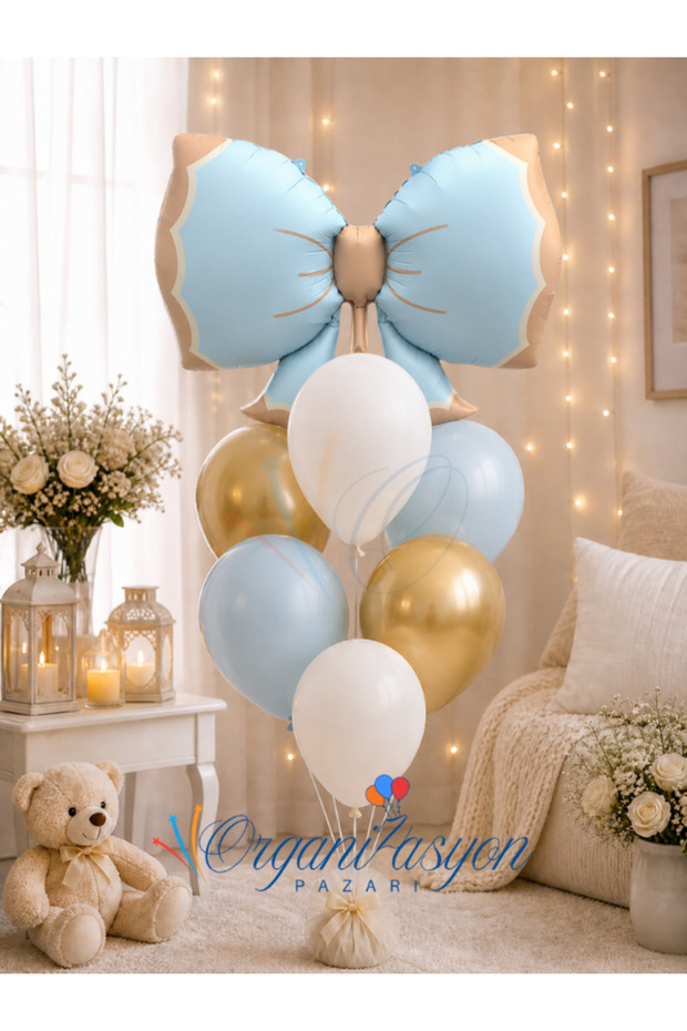 Retro Blue Bowtie Bow Balloon Set | Foil Ribbon | Birthday Party Decoration