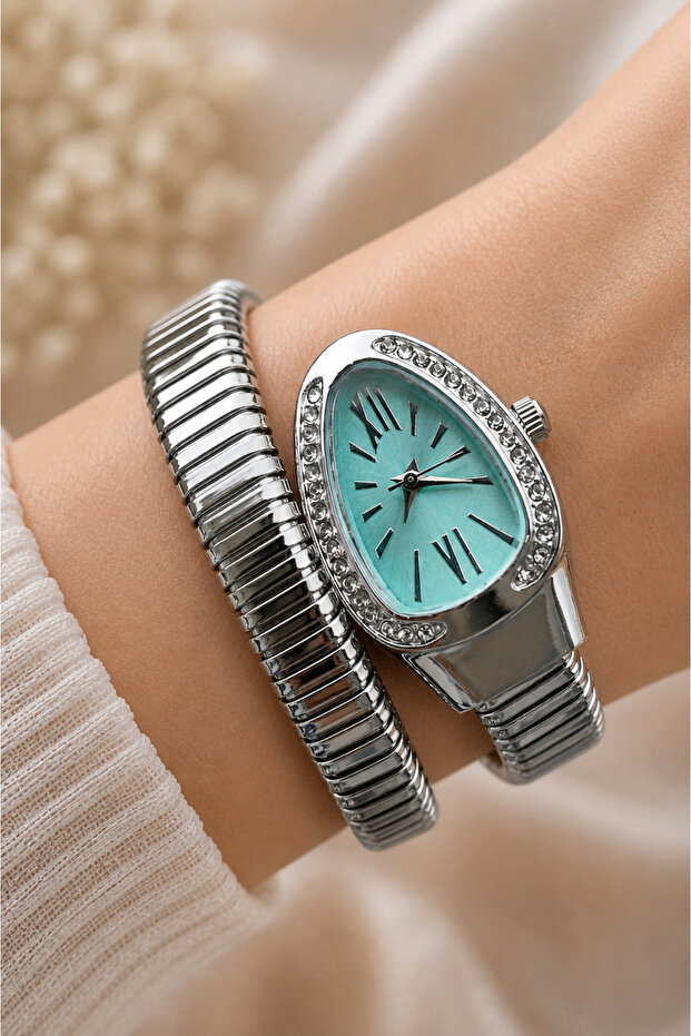 Minimal Snake Design Women's Wristwatch Silver Color Turquoise Dial Bracelet Model Gift Boxed