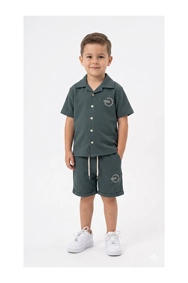 Boy's Garson Boy Jogger Fabric Shirt Shorts Set - Green