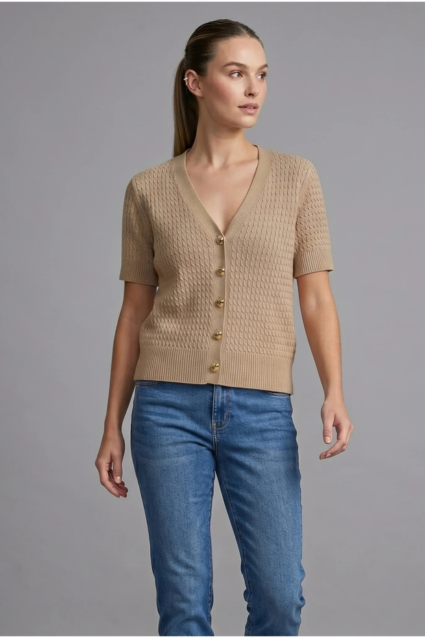 Women's Beige Heart Buttoned Short Sleeve V-Neck Bohemian Pinterest Knitwear Slim Fit Cardigan Blouse