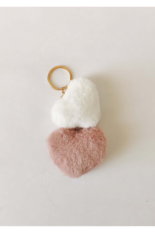 Double Plush Heart Charm Keychain White Dried Rose – Bag Ornament Cute Soft Accessory