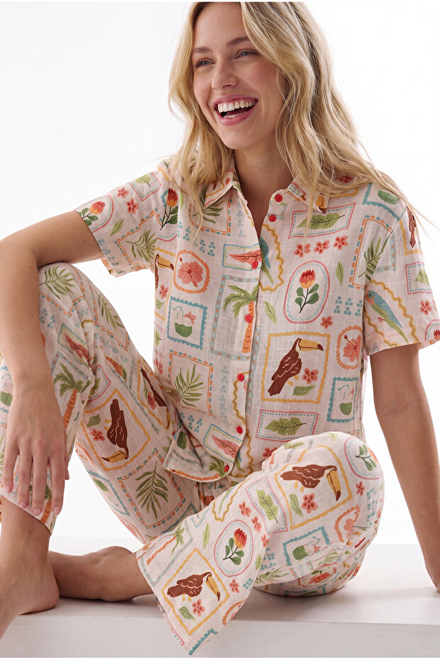 Yellow Seaside Front Buttoned Pajama Set - 1