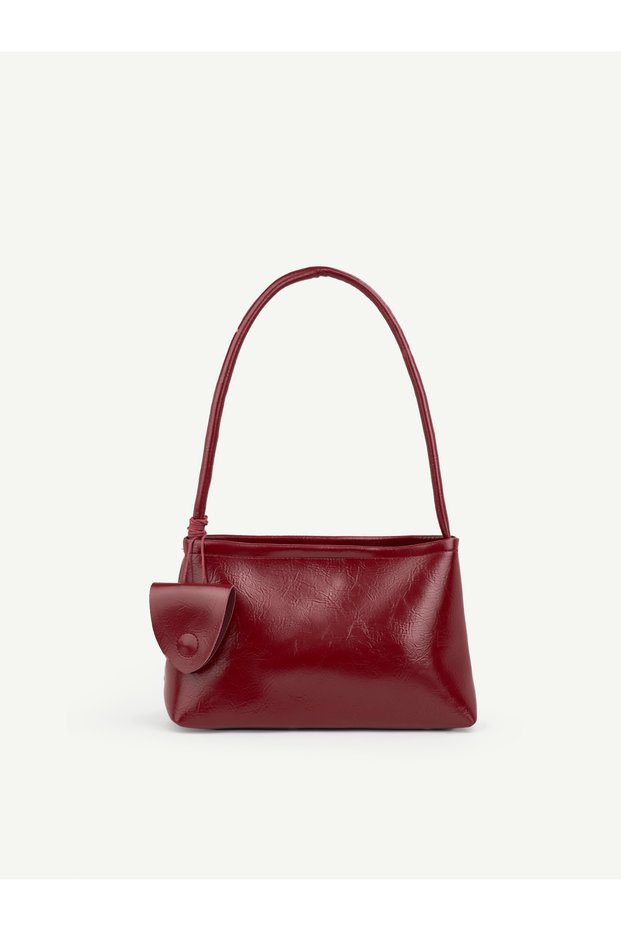 Crinkled Textured Burgundy Shk218 Faux Leather, Snap Fasteners, Glasses Case with Charm, Single Compartment, Hand, Arm and Shoulder Bag