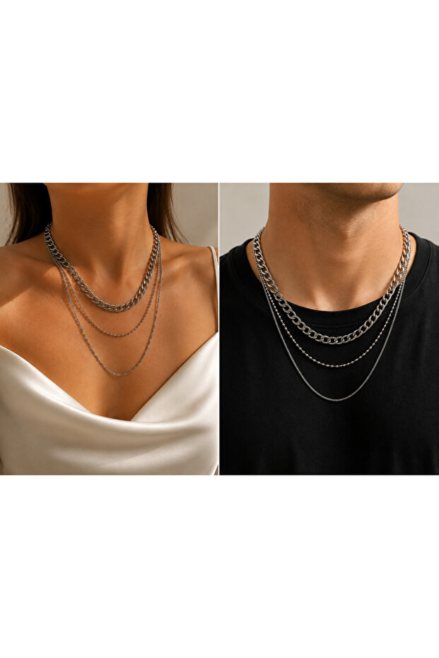 Multi-Layered Steel Chain Necklace – 3-Piece Combination Necklace | Adjustable Extension Chain