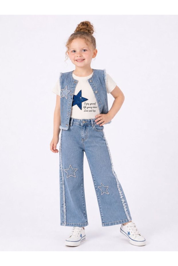 Girl's Star Detailed Vest and Jeans Holiday Set Blue 3-Piece Set