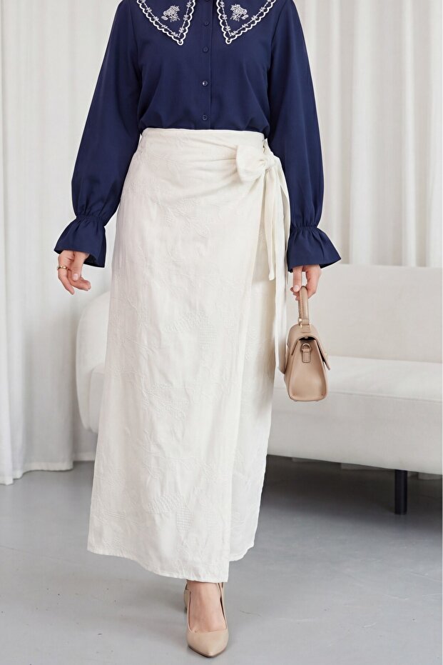 Lined, Double-Layered, Patterned Linen-Look Skirt with Waist Tie Detail - Ecru
