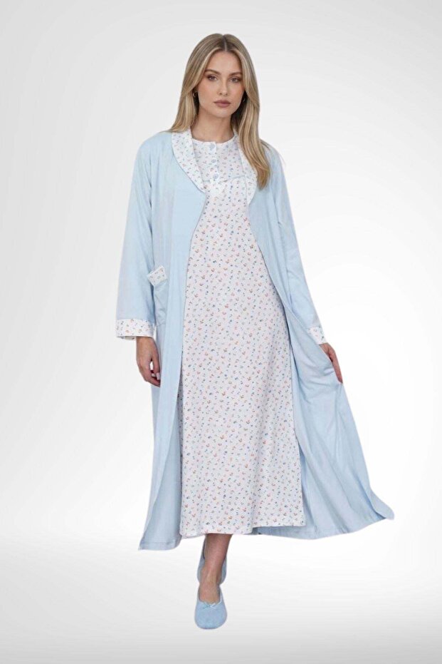 Mecit 6382 Blue Women's Long Robe Long Sleeve Nightgown Set