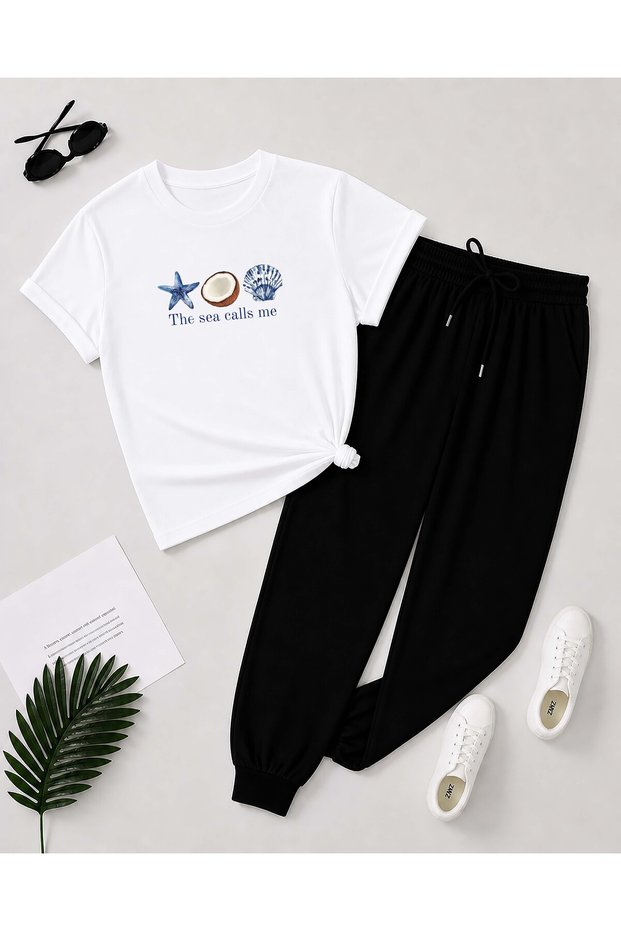 The Sea Print Detailed T-Shirt Tracksuit Set