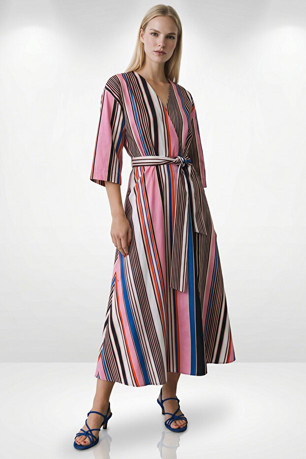 Double-Breasted Belted Colorful Striped Waist-Fitted Dress