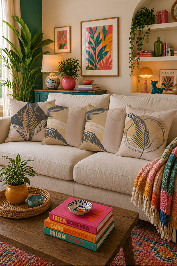 Cream Beige Anthracite Tropical Leaf Patterned Double-Sided Set of 4 Cushion Covers 43X43 cm