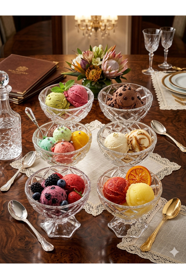 Luxury Glass Magnolia Dessert Bowl with Stand, Set of 6 Glass Magnolia Cups and Ice Cream Bowl, Sugar Bowl -160 Cc