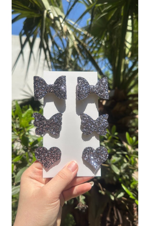 Uzay Lila Stella Glittery Glitter Bow Heart Butterfly (Metal 5cm / 3cm with Clip, Pack of 6)