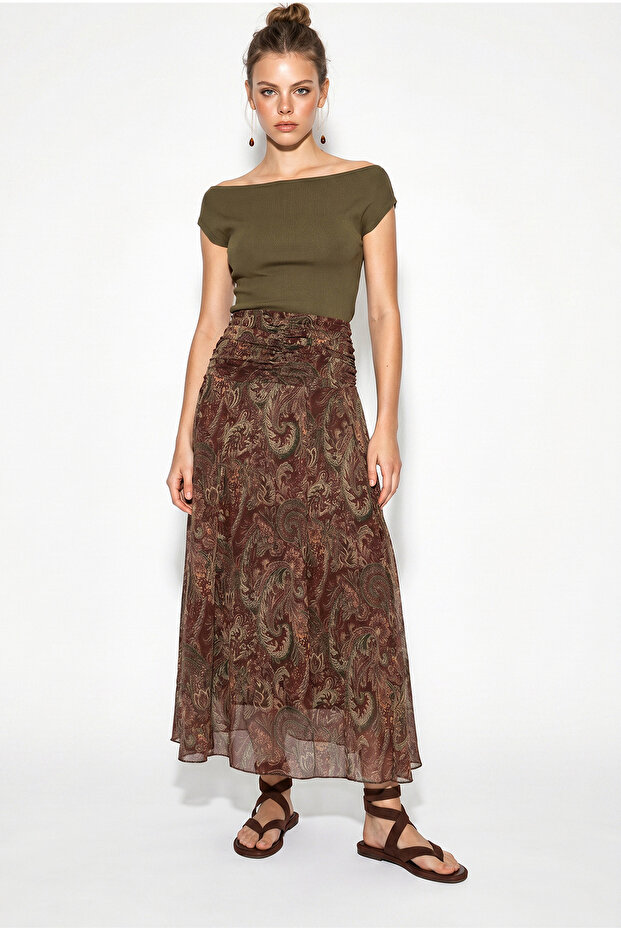 Women's Coffee Green Waist Gathered Detailed Shawl Patterned Lined Chiffon Maxi Skirt 60286245