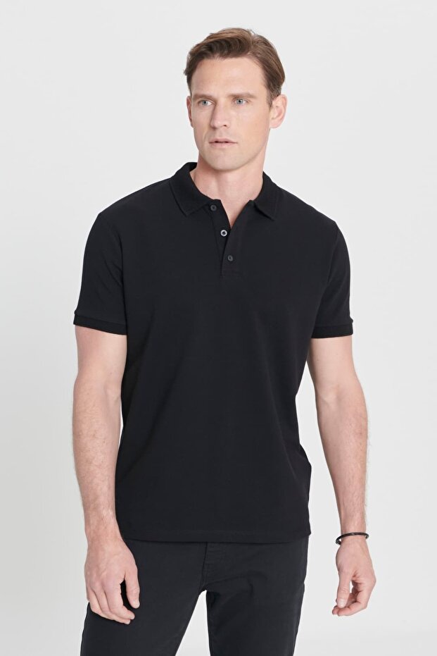 Non-Curling Pique Polo Collar Men's Black T-Shirt