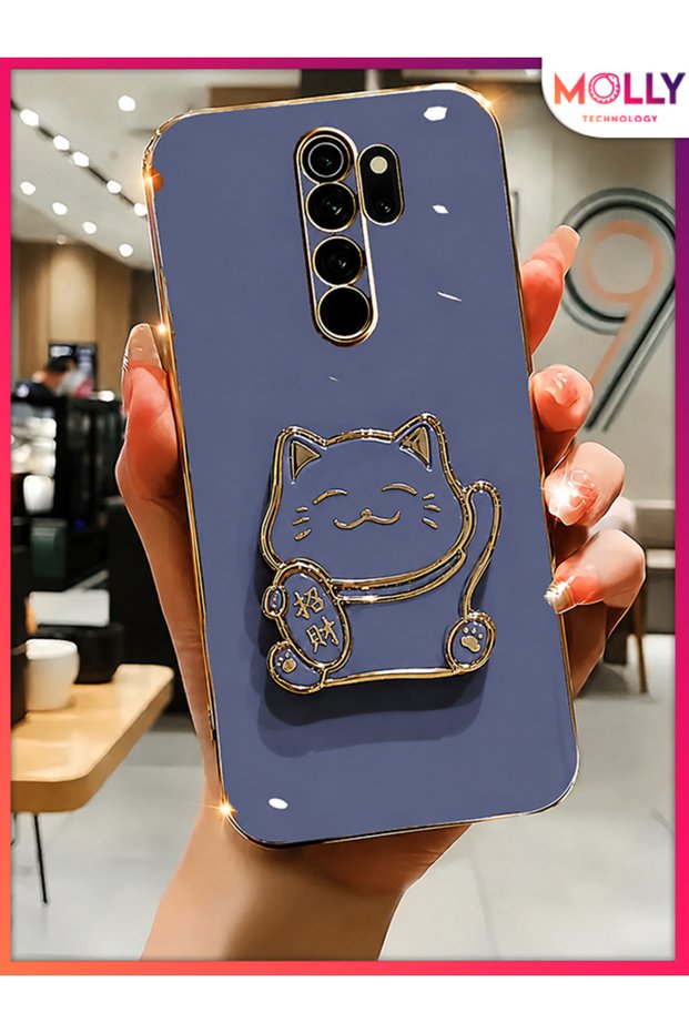 Petrol Blue Edges Gold Detailed Lucky Cat Stand Luxury Silicone Case for Redmi Note 8 Pro