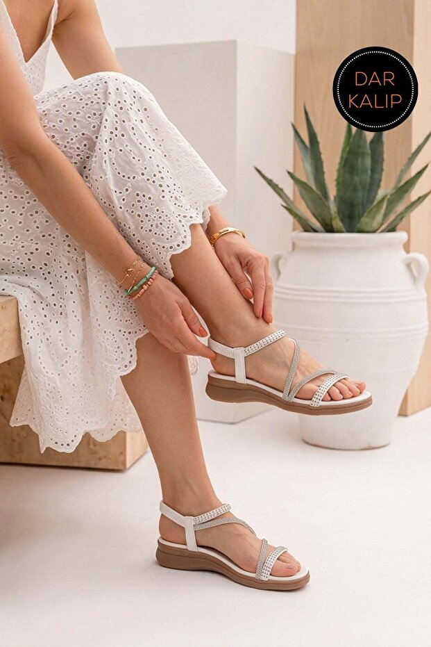 Agnes Imported Special Series Stone-Detail Orthopedic Women's Sandals White