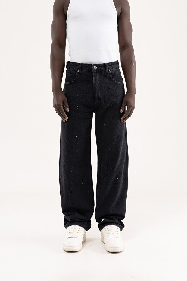 Men's Studs Embellished Baggy Jean Trousers Black Light Stone