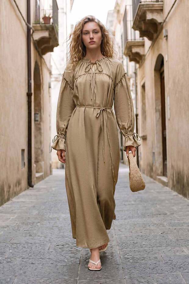 Rochie lungă camel cu șnur - 5
