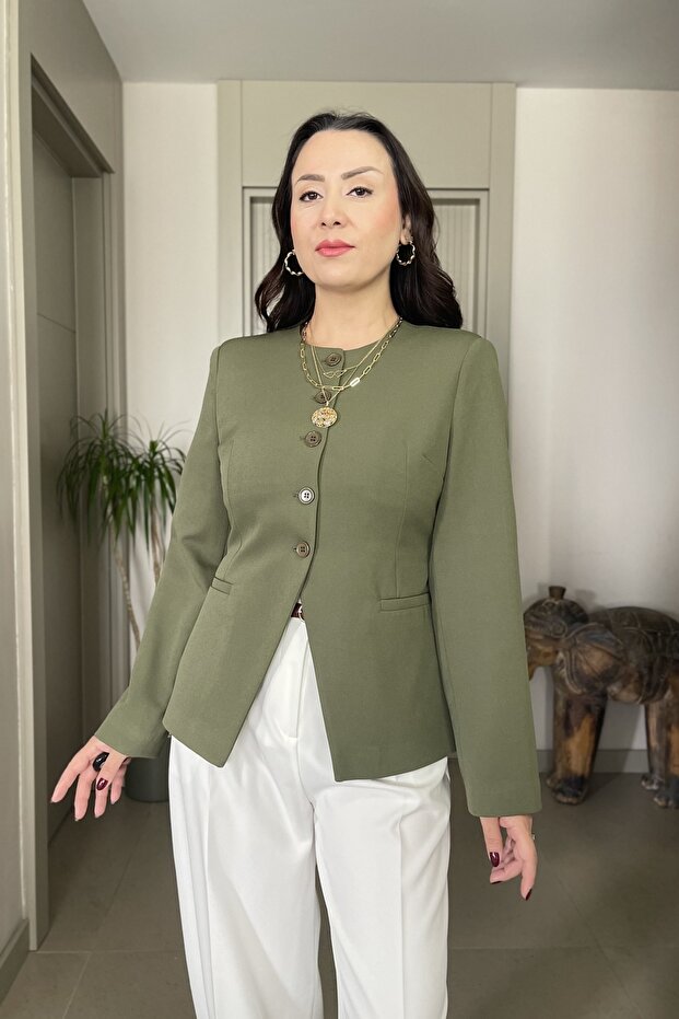 Button Detailed Blazer Jacket with Opening at the Waist