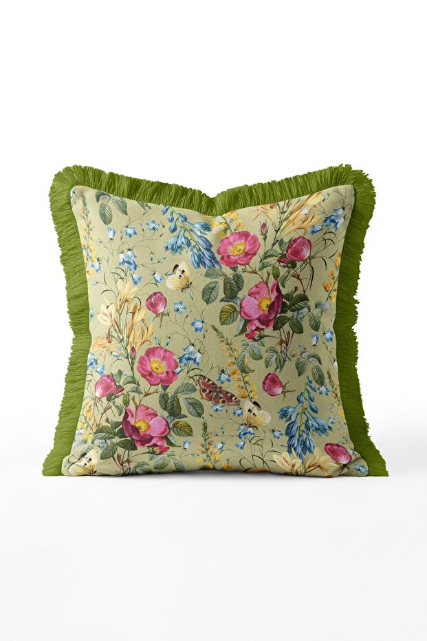 Green Rose Garden Patterned Fringed Throw Pillow Cover - Khaki Tasseled Vintage Botanical Pillowcase